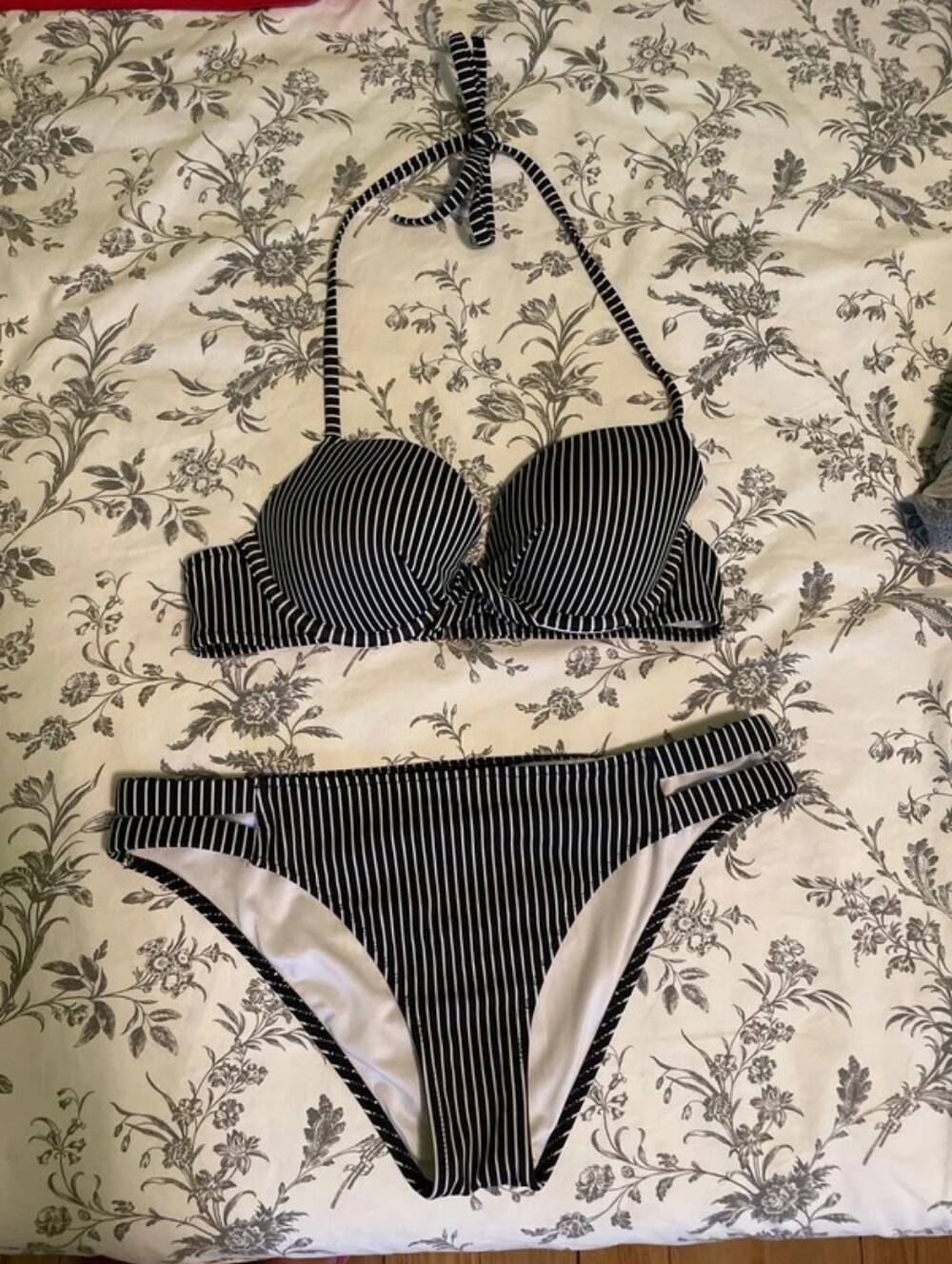 Shade & Shore Black and White Striped Halter Bikini Set